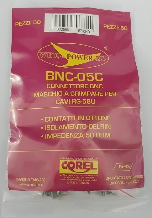 CONNETTORE BNC SPINA A CRIMPARE PER CAVI RG58U