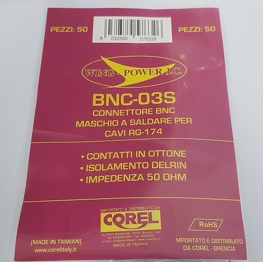 CONNETTORE BNC SPINA A SALDARE PER CAVI RG174