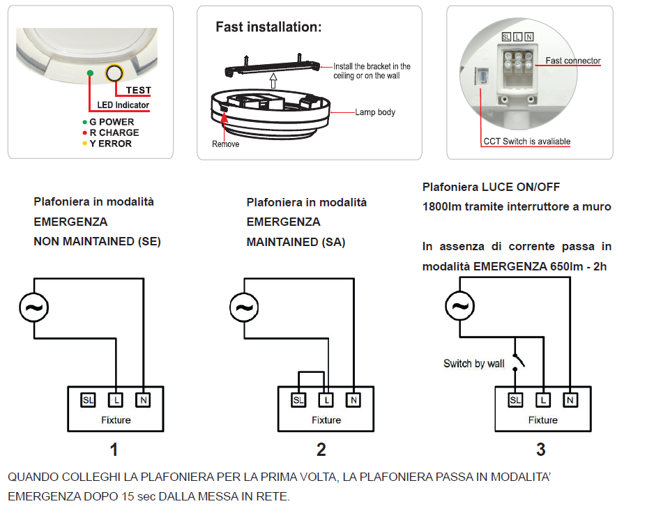 PLAFONIERA A LED IP65 18W 3CCT con EMERGENZA