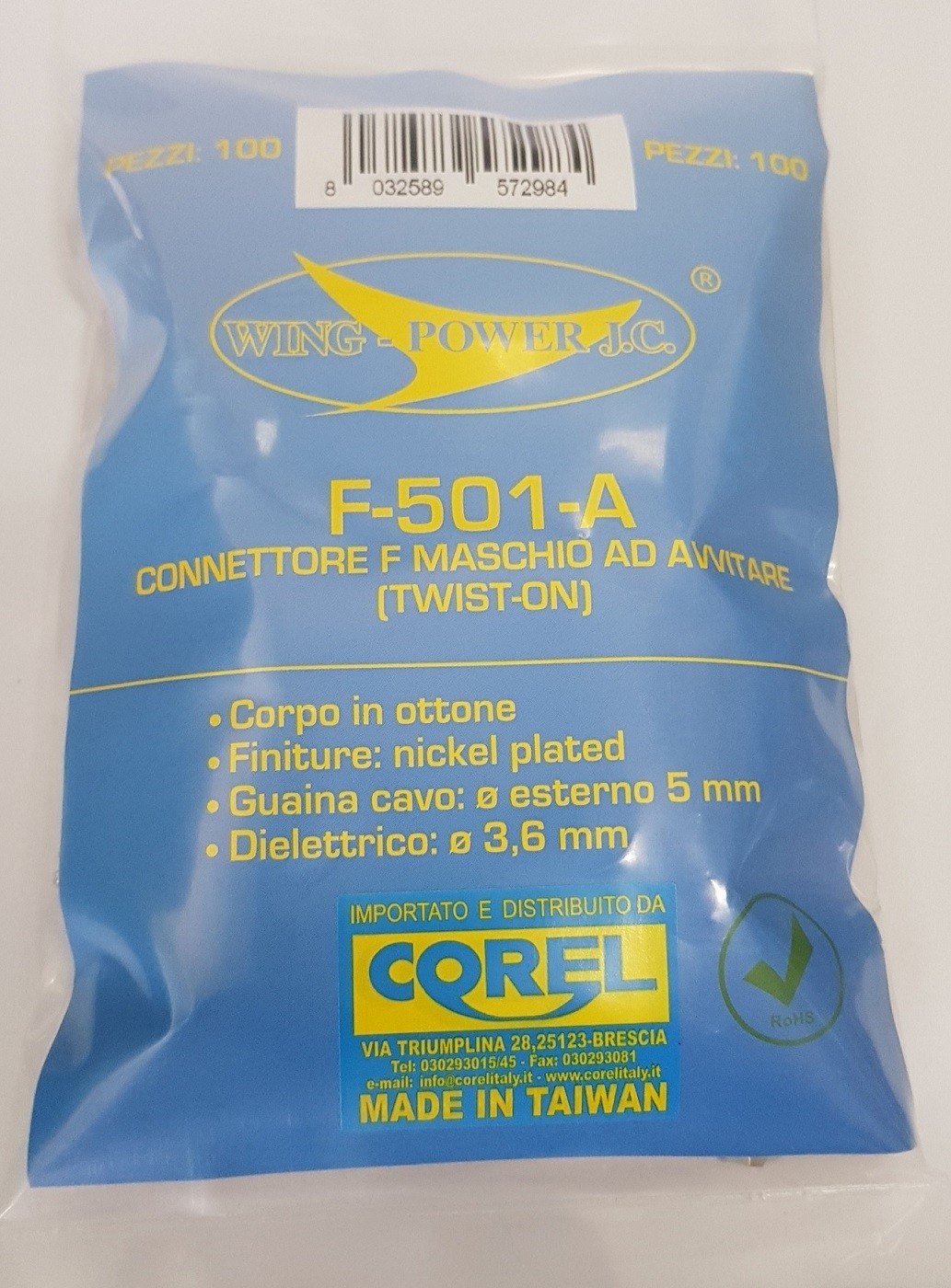 CONNETTORE F SPINA AD AVVITARE IN OTTONE NICHELATO PER CAVI Ø5mm