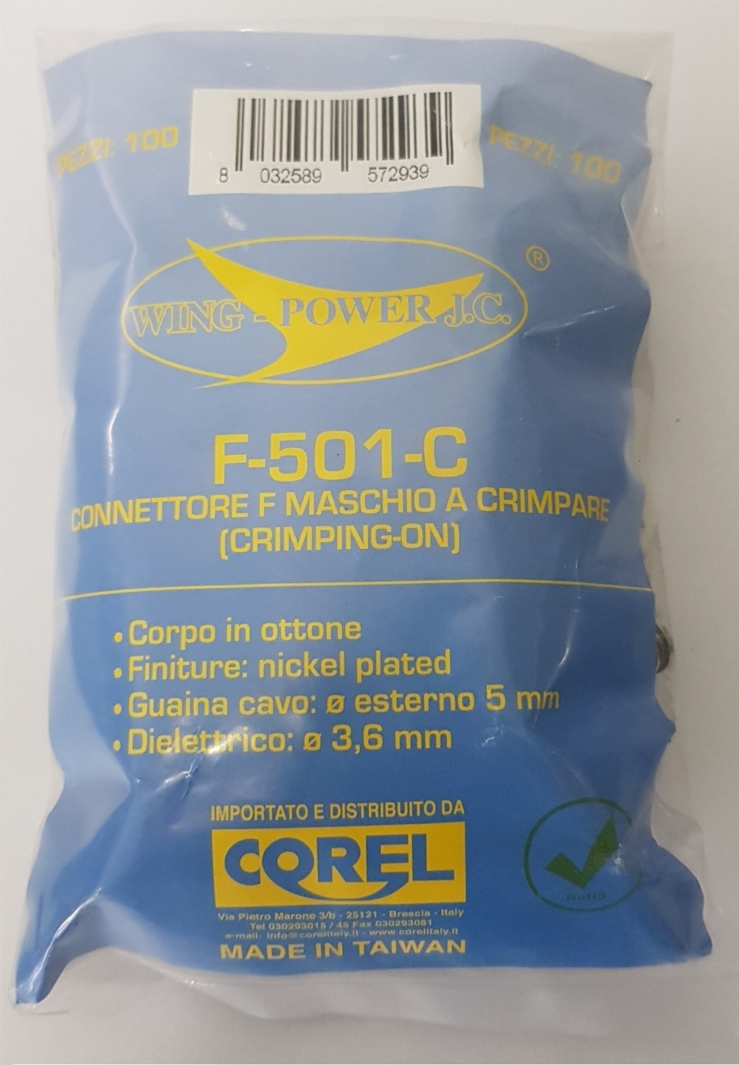 CONNETTORE F SPINA A CRIMPARE IN OTTONE NICHELATO PER CAVI Ø5mm