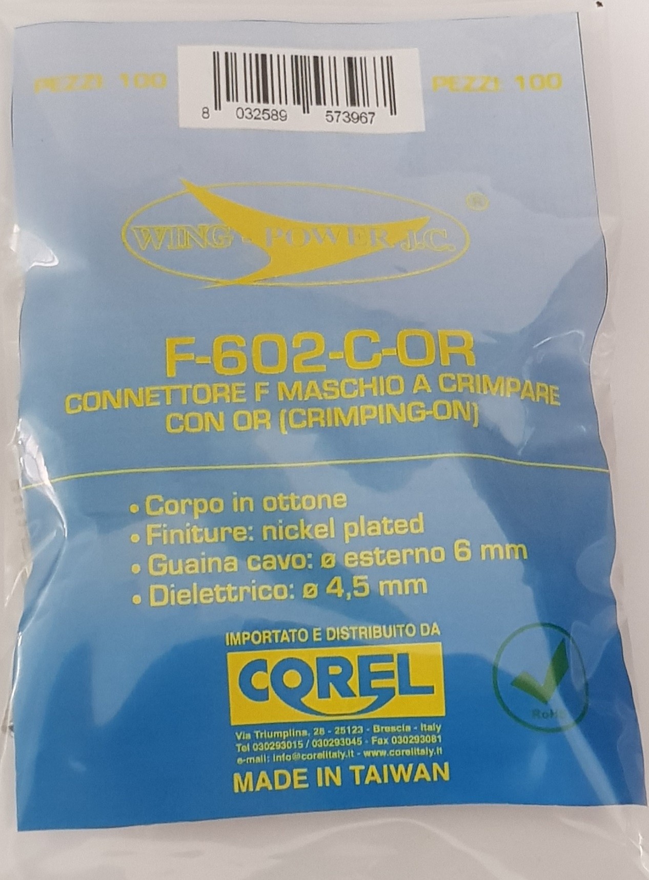 CONN F SPINA A CRIMP IN OTTONE NICHELATO CON  O'RING PER CAVI Ø6mm