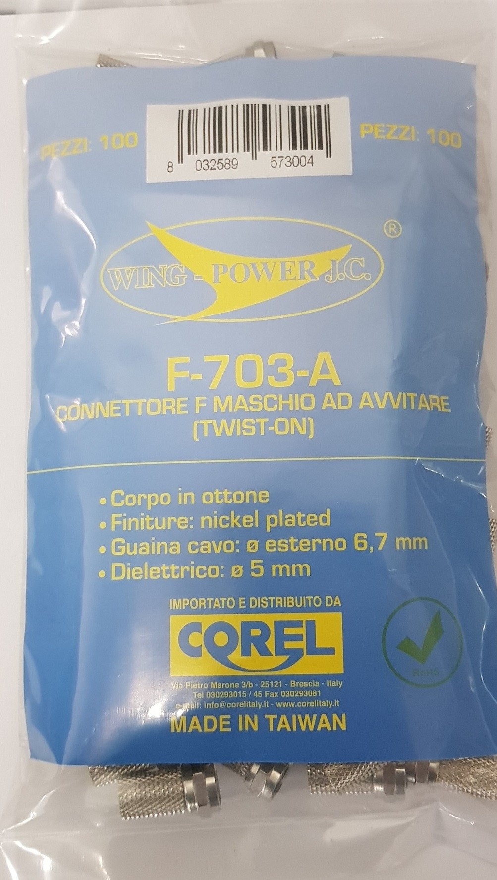 CONNETTORE F SPINA AD AVVITARE IN OTTONE NICHELATO PER CAVI Ø6.7mm