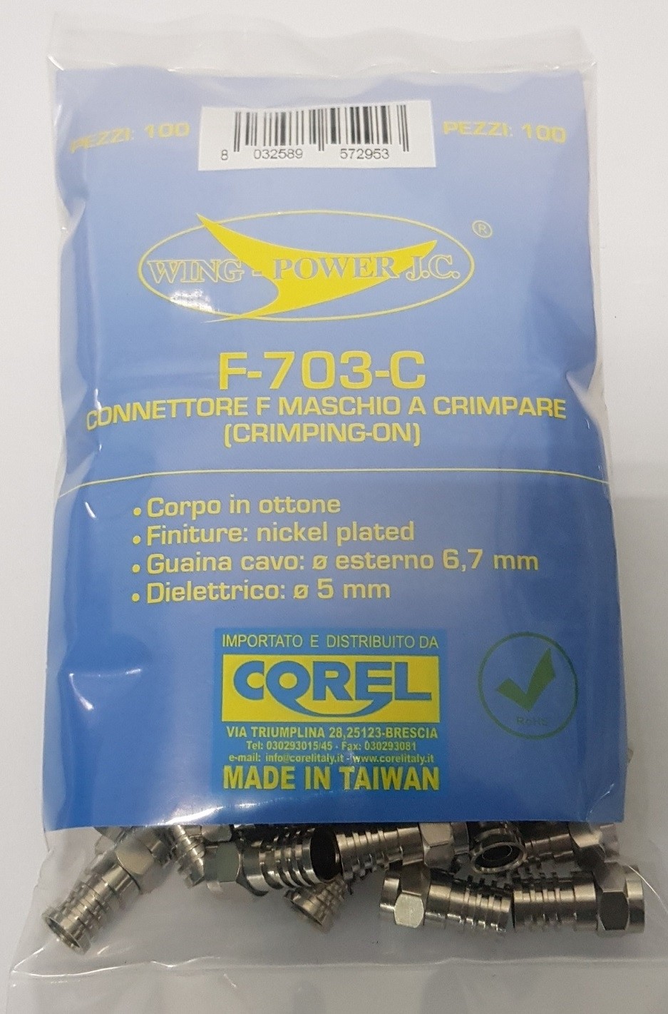 CONNETTORE F SPINA A CRIMPARE IN OTTONE NICHELATO PER CAVI Ø6.7mm