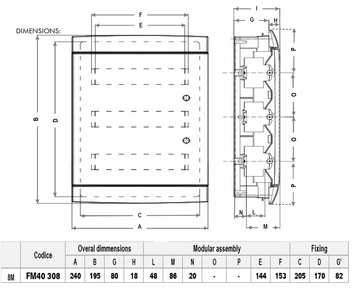 CENTR.INCASSO 8M BIANCO IP40 CON TELAIO ESTRAIBILE 240X195X80