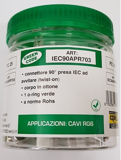 CONN PRESA IEC 90° AD AVV.RE  IN OTTONE NICHELATO CON O'RING PER CAVI Ø6.7mm
