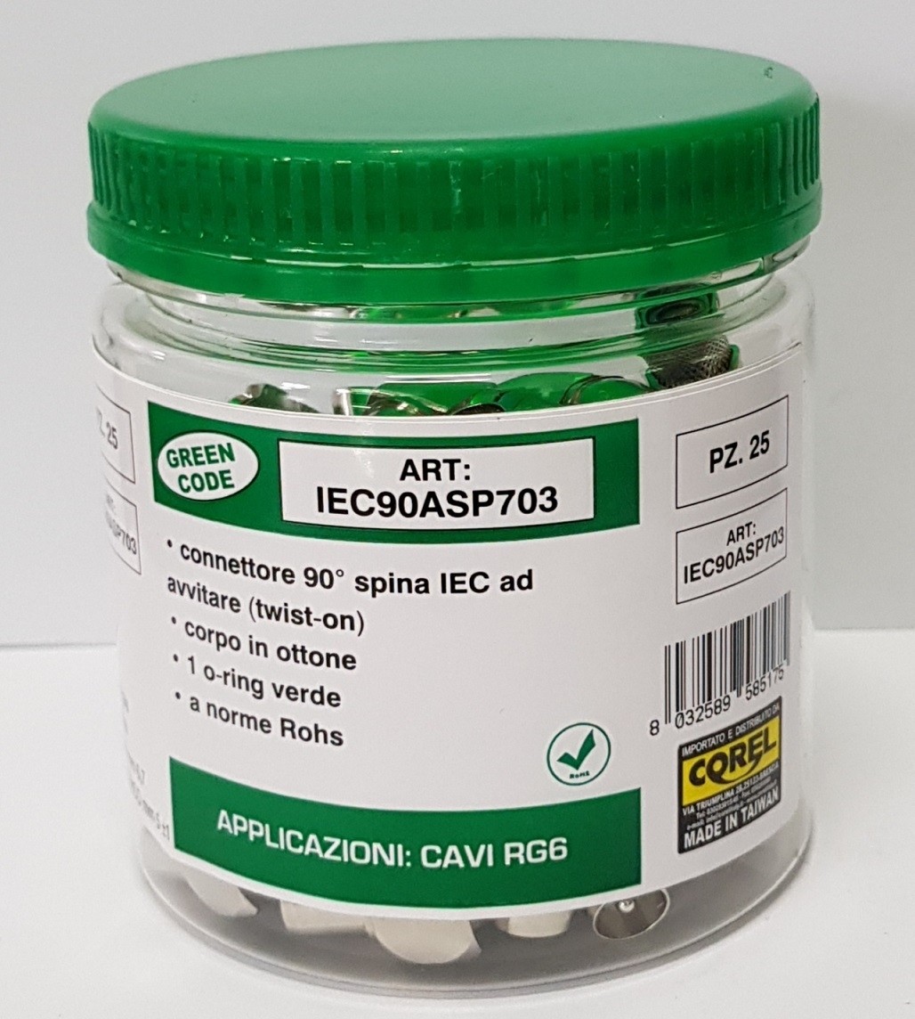 CONN SPINA IEC 90° AD AVV.RE  IN OTTONE NICHELATO CON O'RING PER CAVI Ø6.7mm