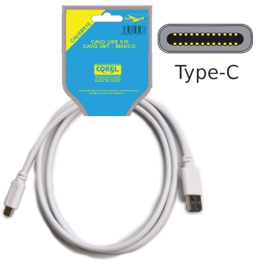 CAVO SPINA USB 3.0 MALE A TIPO C 50mm 9+1 BIANCO 2mt