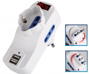 ADATTATORE CON SPINA ROTANTE 16A A 2PRESE 10/16A+1SCHUKO+2PRESE USB