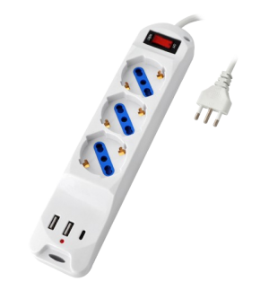 MULTIPRESA 3 PRESE:3 10/16A + 3 SCHUKO + 2 USB + 1 USB-C - INTERRUTT LUMIN CAVO 3X1 SPINA 16A